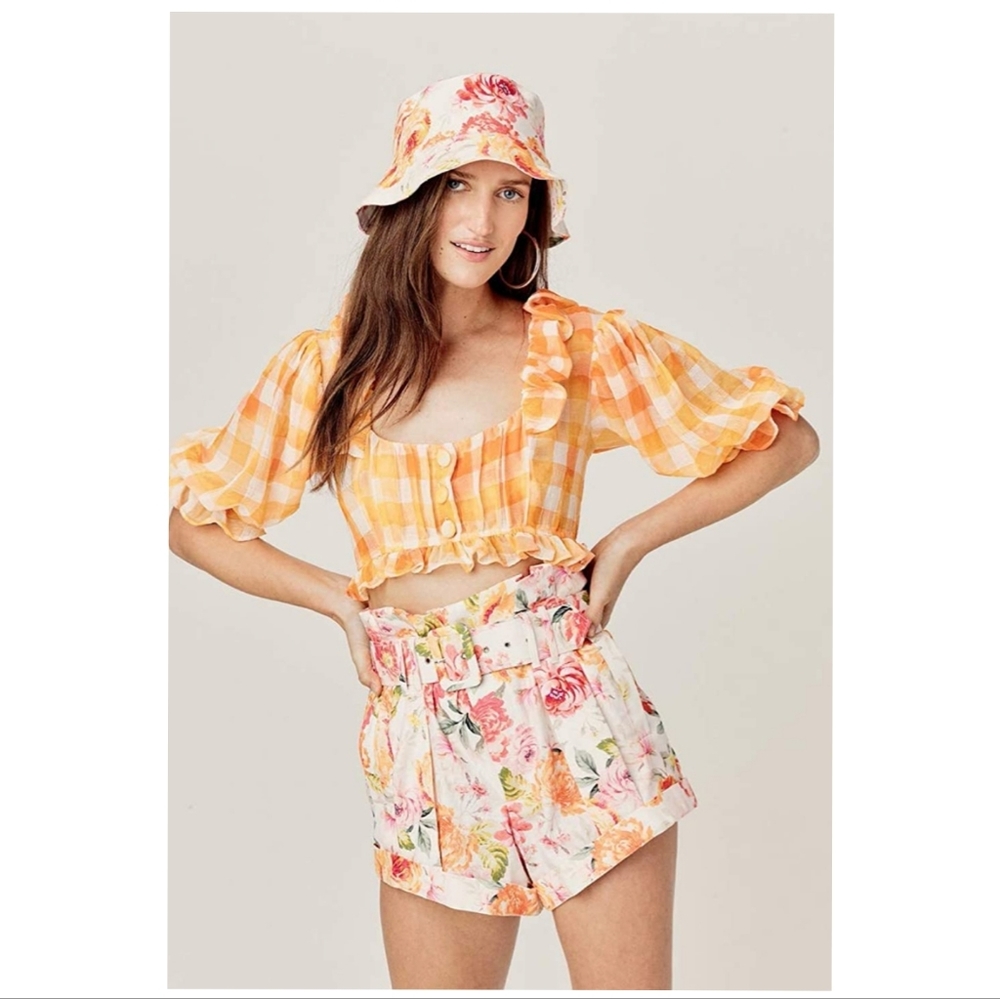 NWT For Love & Lemons Linen Shorts, Coral/ Floral Size XS